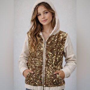 365 Kids Gold Sequin Zip-Up Hoodie Jacket Girls Size 10 Cozy Lined